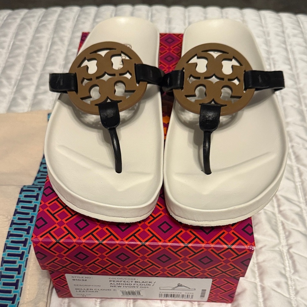 Tory Burch Miller cloud sandals black/ almond/ ivory. Size 11 like new